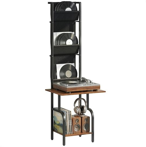 HOMCOM Plattenspieler mit 3 Stofftaschen 50 x 48,5 x 144 cm Rustikal-Braun | Schallplatten Aufbewahrung, Schallplattenspieler-Tisch, Offenes Fach, Blurays Aufbewahrung, Für Bis Zu 40 Alben