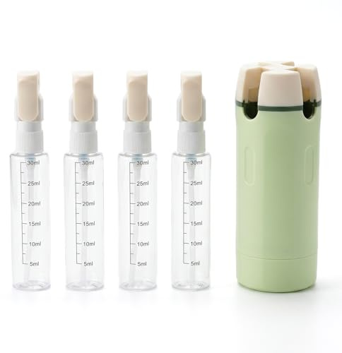 Zimoer Kit de 4 Flacons de Voyage en Verre à Remplir, Bouteilles Cosmétiques Portables avec Échelle 30ml, Distributeur pour Shampoing et Lotion, Vert avec Autocollants en Anglais
