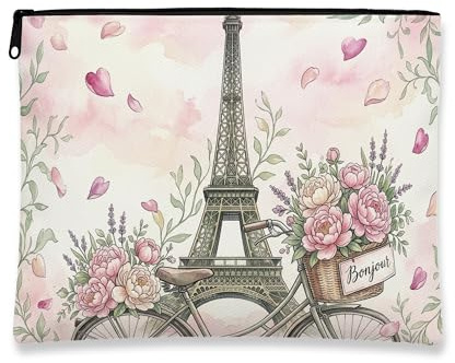 Vintage Floral Makeup Bag, Paris Tower Cosmetic Travel Pouch for Women, Portable Canvas Zipper Organizer, Spring Skincare Toiletry Bag, Peach, 7x9 Inch, Paris Tower