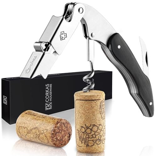 CORKAS Sacacorchos de Camarero Profesional Con Abrebotellas, Foil Cortador y Cuchilla Cortacapsulas - Utensilios de Bar y Cocina de Acero Inoxidable