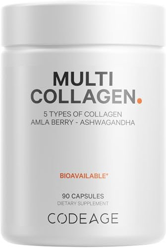 Codeage Multi Collagen Protein Capsules, Type I, II, III, V, X, Grass Fed & Hydrolyzed Collagen Pills Supplement, All in One Collagen, Bone Broth, Amla Berry Source of Vitamin C, Non-GMO, 90 Count