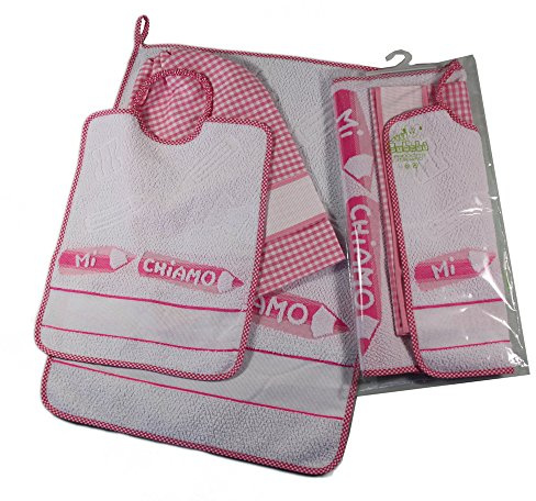 Set ASILO SCUOLA MATERNA da ricamare.Completo 3 pezzi: bavaglino con elastico cm.29x35, asciugamano cm.40x55 e sacca cm.32x37 con fascia in etamine per punto croce Cotone 100% Made in Italy, Fuxia