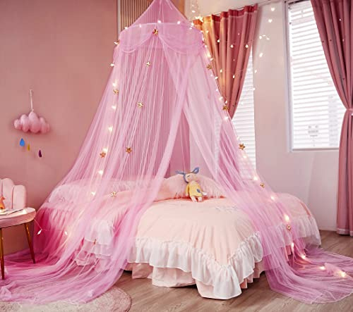 Nattey Betthimmel für Mädchen mit Sternenlichtern, Prinzessinnen-Baldachin, Bettvorhänge, Moskitonetz mit goldfarbenem Stern für Mädchenzimmer, Raumdekoration, Baldachin für Bett, Doppelbett,