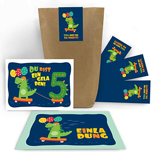 Junaversum 12 Einladungskarten 5. Geburtstag Kinder Jungen Jungs Dinosaurier Dino fünfte Kindergeburtstag incl. 12 Umschläge, 12 Tüten/natur, 12 Aufkleber