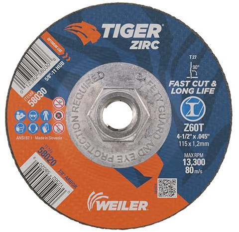 Weiler 58030 4-1/2 Inch Cutting Wheel, Tiger Zirc Steel/Metal Fast Cut & Long Life High Performance Cutting, .045 Z60T Type 27 5/8-11 Hub, Pack of 10