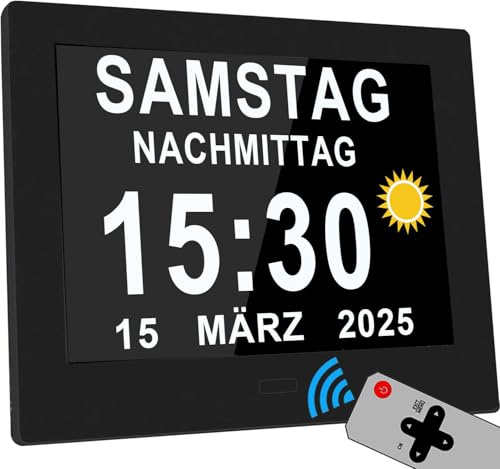 Véfaîî 2025 Neu, 19 Alarme Elektronische Tag Datum Kalenderuhr, Nicht-Abgekürzte Tag Datum Große Uhr für Senioren mit Demenz Alzheimer – mit Fernbedienungr – 8 Zoll mit Fernbedienung