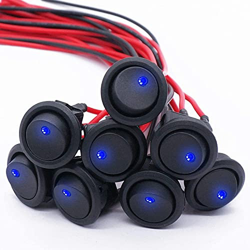 mxuteuk 8Stück Kippschalter 12V 20A Rund Wippschalter blau LED Licht beleuchtet Wippschalter Button SPST Ein/Aus Kippschalter Boat Truck Auto KFZ 12V Schalter mit vorgelöteten Drähten KCD2-102N-BU-X