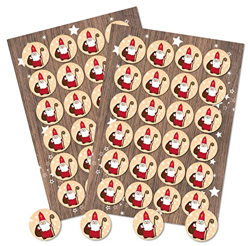 Weihnachtssticker Nikolaus, 48 Stück: Aufkleber Weihnachten Klein, Nikolausaufkleber Rot Weiß, Weihnachtsaufkleber Selbstklebend, Sticker Nikolausgeschenke, Weihnachtliche Etiketten Geschenke, Ø 4 cm