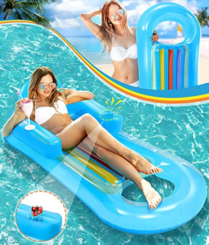 Jojoin Luftmatratze Pool - Wasser Hängematte Aufblasbare | Tragbare Wasserhängematte mit Tasse Löchern und Kopfstütze Strand Schwimmstuhl Liege für Kinder Erwachsene (145*70cm), Blau
