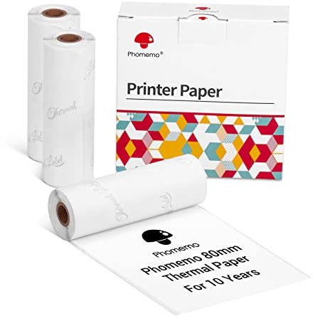 Phomemo M03/M03AS/M04S/M04AS 80mm(3.15) Selbstklebendes Papier - Schwarz auf Weiß Thermodruckpapier für Phomemo M03/M03AS/M04S Tragbarer Thermo-Fotodrucker,80 mm x 3.5 m, 10 Jahre Haltbarkeit