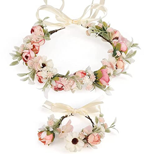 Wedding Floral Guirlande Couronne Demoiselle, Femmes Bandeaux, Couronne de Fleurs, GuKKK Rose Floral Coiffure et Ensemble de Bracelet, Bandeau Réglable pour Party Festival Beach Travle Mariage (Rose)