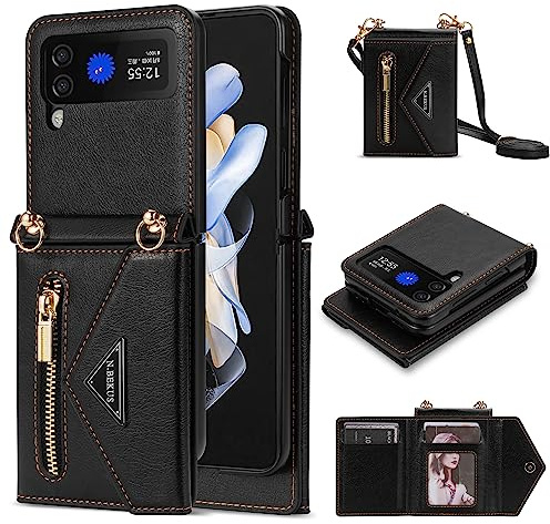 UDBKKDX Plånboks fodral för Samsung Galaxy Z Flip 4, matt läder med visningsstativ kameralinsskydd stöttåligt 4 korthållare skydd med axelremmar case cover