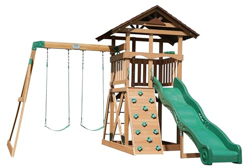 Backyard Discovery Lightning Ridge Cedar Wood Climbing Frame with Wave Slide, Play Deck, Rock Wall, and Sandbox