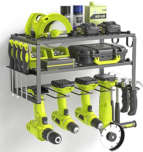 SUNALLY Power Tool Organizer, Heavy Duty Iron, 3 Layers Storage Rack with 4 Drill Holders, Floating Tool Shelf Wall Mounted, Matte Black, Work Shop, Garage, 150Lbs Load Capacity