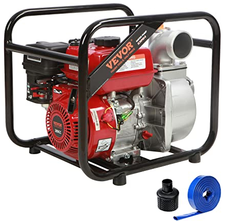 VEVOR Bomba de agua con motor de gasolina 3 7 HP 265 GPM elevación de 142 pies succión de 22 pies, bomba de transferencia de agua de basura de gasolina 4 tiempos, alta presión con 25 pies de manguera