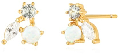 Brandlinger ® Opal Ohrstecker Silber 925. Opal Ohrring mit Zirkonia weiß und grau. Schmuck Damen vergoldet mit 18 Karat (Silber und Gold) für Frauen und Mädchen. Größe des Ohrsteckers: 7mm