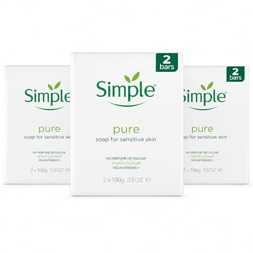 3 x Simple Pure Soap for Sensitive Skin, 6 x 100g | Gentle Cleanser with No Perfume or Colour | Vegan-Friendly Soap Bars for Dry, Sensitive Skin Care