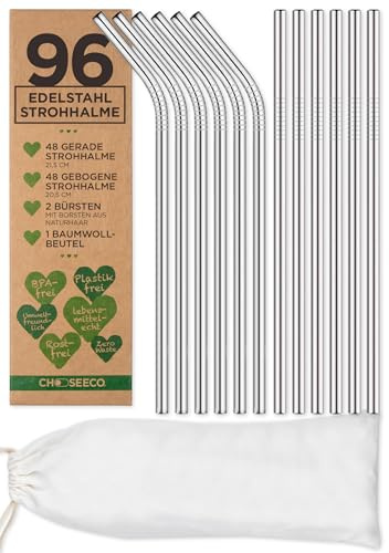 96 Strohhalme aus Edelstahl/Metall + 8 Reinigungsbürsten + 4 Geschenk-Beutel - Eco Trinkhalm Set Umweltfreundlich Wiederverwendbar Nachhaltig & Plastikfrei