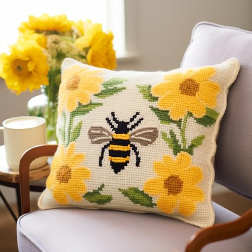 Floral Yellow Bee DIY Latch Hook Pillow Kits for Beginners Easy Crochet Yarn Embroidery Hook and Latch Throw Pillowcase with Print Cushion 43x43cm(1)