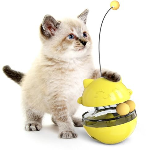 Jectse Transparentes Katzen-Leckerli-Ball-Spielzeug, Hunde-Puzzle-Spielzeug, Interaktiver, Langsam Fütternder Leckerli-Spenderball für Haustiere mit Teasing-Stick für Katzengras, (Yellow)
