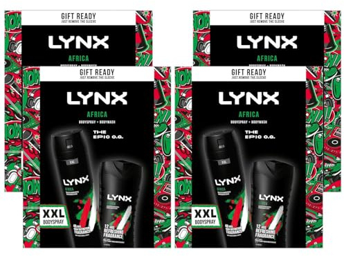 Lynx THE EPIC O.G. Africa 48 H High Definition Fragrance XXL Bodyspray 250 ml & 12 H Refreshing Bodywash 225 ml 2 Pieces Ready to Wrap Gift Set For Him,4pk