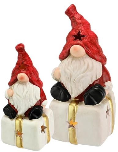 Flair Flower Weihnachtliche Dekofigur Wichtel auf Geschenkverpackung mit LED-Licht Weihnachtsfigur Weihnachtsdeko Leuchtfigur Weihnachtsschmuck Kunstfigur Deko Statue Skulptur Ornament, 2er Set