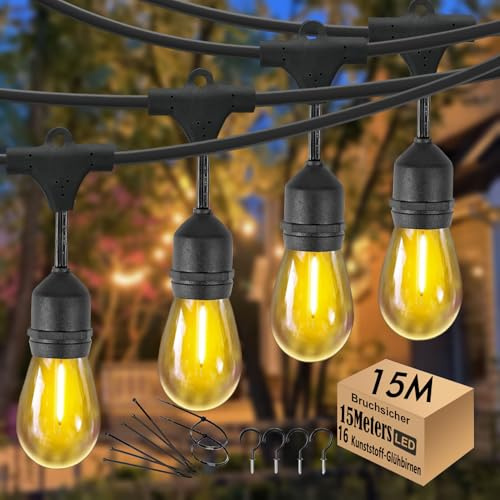 15M Lichterkette Außen,garten Lichterkette Wasserdicht IP65 mit 16 Lampen | 2700K Warmweiß,LED Lichterkette E27 für GartenTerrasse Hochzeiten [Energieklasse G]