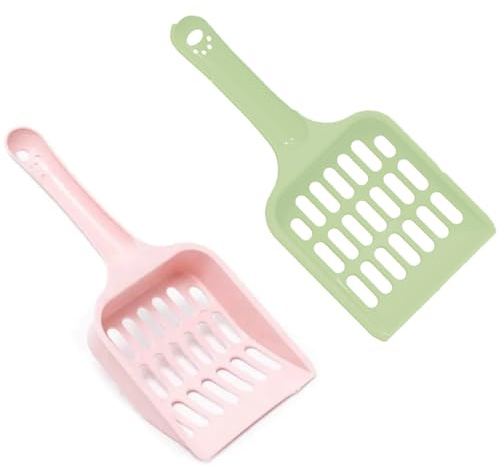 Shatore 2-Pack Strong Plastic Cat Litter Scoop Set - Durable & Easy to Clean Cat Poop Scoop for Litter Tray, Scooper for Cat Owners（Pink&Green）