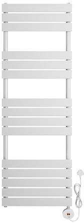 ELEGANT 800W Smart Electric Heated Towel Rail, WiFi-Controlled Wall Mouted Bathroom Towel Warmer & Dryer with Programmable Thermostat, UK Plug, LCD Display, Energy Efficient, White 1450x400mm