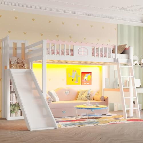 Kinderbett Etagenbett 90x200 mit LED-Leuchten, Hochbett mit Rutsche&Stauraumschrank&Leiter, Holzbett Bettgestell mit Rausfallschutz&Lattenrost, Funktionsbett Stockbett Spielbett Jugendhochbett, Weiß