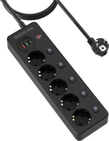 BOCHLION Regletas Enchufes con USB, 5 Toma de Corriente y 4 USB Puertos (PD20W y QC3.0), Enchufe Multiple Proteccion Sobretension con Interruptores Independientes, Regleta Pared y Cable 1.8 m, Negro