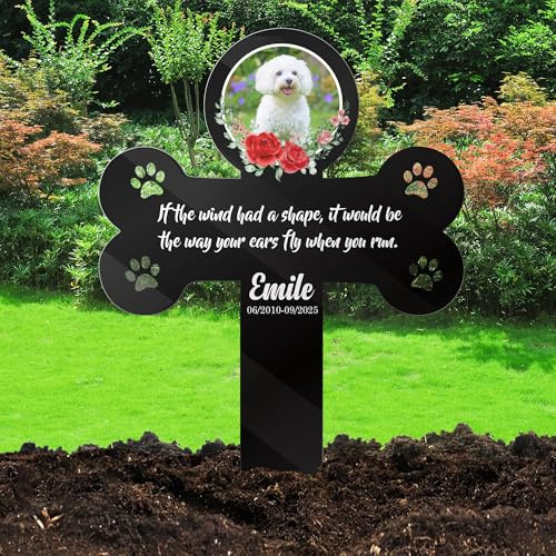 FCLYDER Personalisiert Grabstecker für Haustier, Personalisiertes Tier Grabkreuz mit Foto Gravur, Personalisierte Grabdeko Hund Katze, Wetterfest für Tiergrab Grab