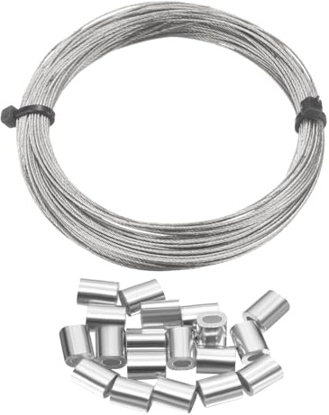 sourcing map 304 Stainless Steel Cable Wire Rope Kit 50FT (15M) Long 1/64 (0.5mm) Dia 7x7 Strand Core with 20pcs Loop Sleeve for Deck Railing System Outdoor Hanging Kit Garden Fence