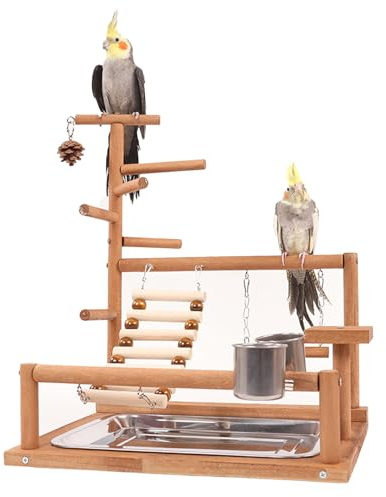 Honicemar Supporto per Uccelli in Legno - Parrot Playstand, Parco Giochi per Uccelli con Scala Altalena Trespolo Mangiatoia Vassoio e Giocattoli da Palestra per Parrot di Piccole e Medie Dimensioni