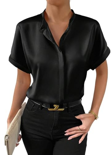 MINTLIMIT Satin Blouses for Women Short Sleeve Button Down Shirt Stand Collar Tops Casual Work Office Silk Shirts