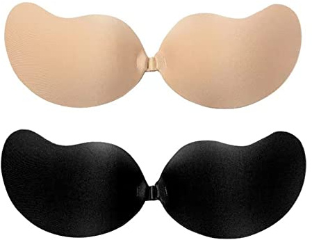 XUNKUAENXUAN Stick on Bra, 2 Pairs Women's Invisible Strapless Sticky Push up Self-Adhesive Bras Reusable Invisible Backless for Party, Bar, Wedding, Beach, and Everyday Wearing (Black, Nude)
