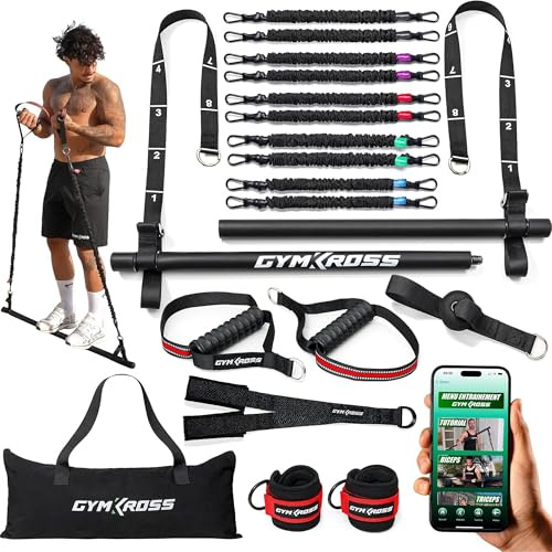 GYMKROSS – Pack Elastique Musculation avec 10 Bandes de résistance 200 kg en Latex Naturel + Barre Musculation & Sangles de Suspension – Kit Elastique Fitness/Pilates/Sport Maison & Crossfit