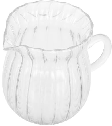 OFFSCH Jarra de Leche y Café Mini 370 Ml Transparente de Vidrio Rayas Verticales, Apta Microondas, para Servir Crema y Espumar Leche, Uso Doméstico y Oficina