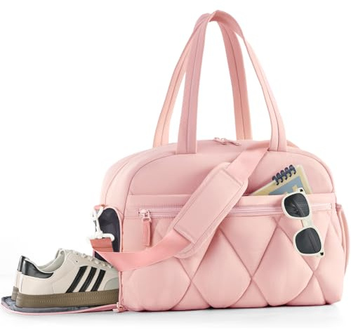 Lekespring Sportväska för kvinnor, herr, pufferväska med skofack och våt ficka, lätt handbagage för natten, helg, gym, sjukhus, shopping, rosa, M：42*20*29