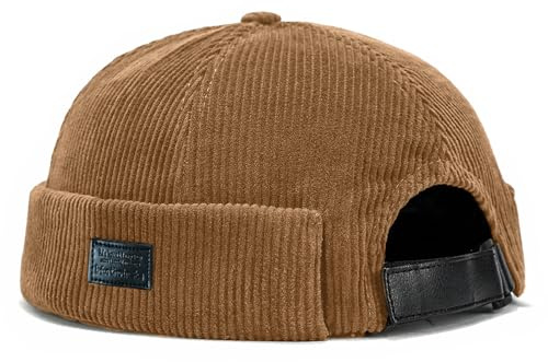 Unisex Retro Corduroy Brimless Cap - Rolled Cuff, Vintage Worker - Style Beanie Yuppie Cap - Light Brown