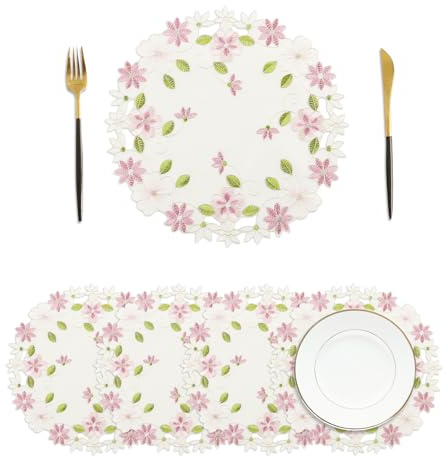 Set di 4 tovagliette rotonde 30 cm, tovagliette in poliestere con ricamo di fiori rosa, tovaglia traforata, lavabile e durevole, per sala da pranzo e interni/esterni