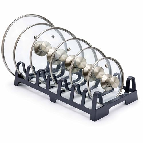 PRADICHI Pot Lid Holder & Pan Organizer Rack – 7 Slot Kitchen Cupboard Organiser for Plates, Baking Trays & Chopping Boards – Compact Vertical Pantry Storage & Cabinet Worktop Stand (Grey)