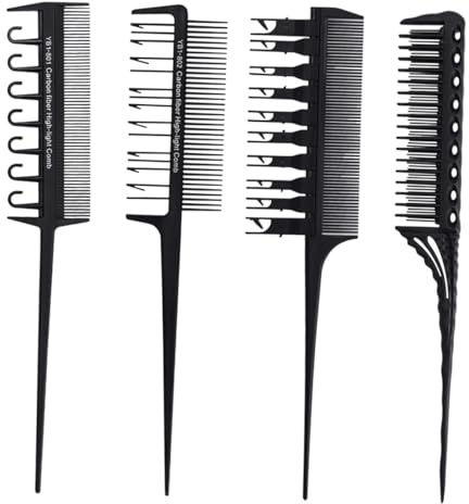 4pcs Professional Highlights Combs Set Black Carbon Fiber | Hair Dyeing Styling Tools, Black Finish, Four-piece Pack, Salon-grade Comb Assortment