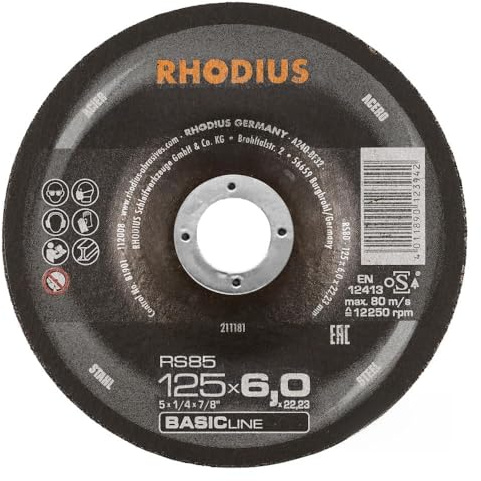 RHODIUS RS85 Schruppscheibe Metall, 125 x 6,0 x 22,23 mm, 25 Stück | Für Stahl, hoher Materialabtrag, gute Lebensdauer, hohe Laufruhe, für Winkelschleifer, BASICline