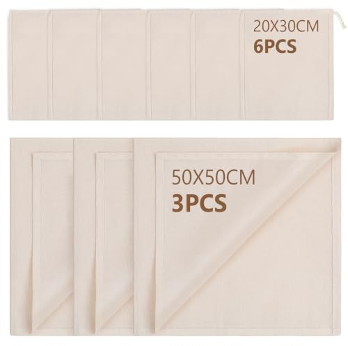 AiQInu Passiertuch 9-teiliges Set, 3 Käsetuch 50×50cm + 6 Nussmilchbeutel 20×30cm, Cheesecloth Wiederverwendbar, Seihtuch für Nussmilch, Joghurt & Saft