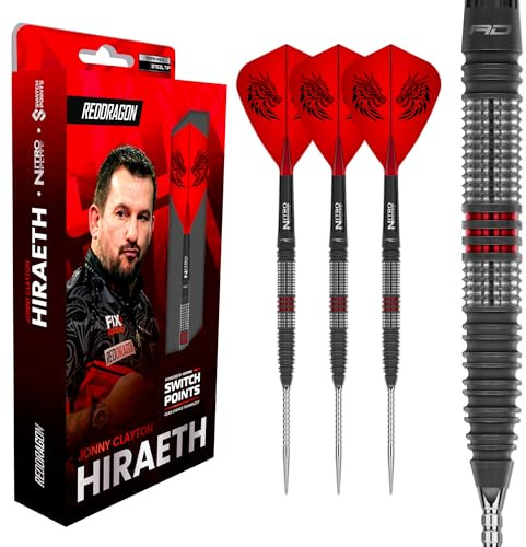 Röd DRAGON Darts – Professionell spelare – Jonny Clayton Hiraeth Series – Switch Points 23 g Steeldarts | Professionell dartpilar | 90 % volfram dart set med flygningar och skaft