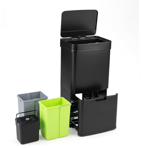COSTWAY Poubelle Cuisine Automatique 72L en Acier Inox avec réservoir scellée 3,5L, Poubelle Tri Selectif 2 x 11L Seaux Amovibles, Cerclage, Anti-Empreintes, Anti-pinçage, Interrupteur (Noir)