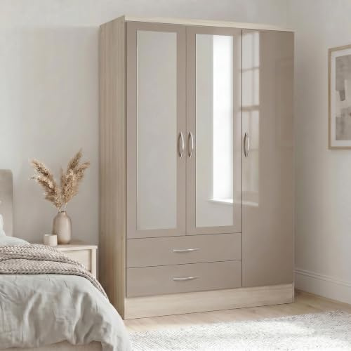 Seconique Nevada 3 Door 2 Drawer Wardrobe,Oyster Gloss/Light Oak