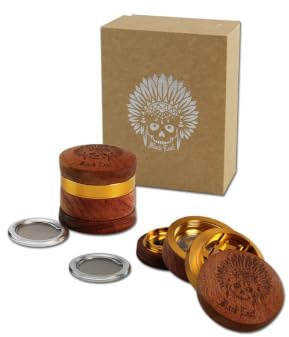Black Leaf Grinder Indianer Print 4-teilig Ø 60 mm | hochwertiger Aluminium/Holz Crusher mit Pollenkammer | Premium Grinder mit Diamantschliff