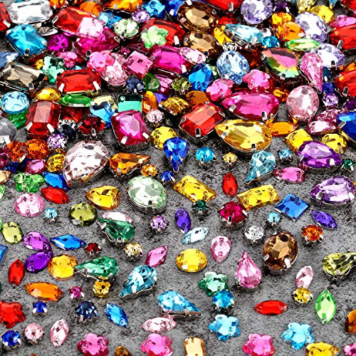 WILLBOND 320 Stück Bunte Große Strasssteine zum Aufnähen Bunte Edelsteine mit Loch, Silber Krappenfassung, Glas Strasssteine Rhinestones Mix Form für DIY Bastel Deko Handwerk Kleidung Schuhe Taschen | Silberfarbene Zinkenfassung mit Loch, zum Aufnähen von Edelsteinen für Bastelarbeiten, Kleidung, Dekoration